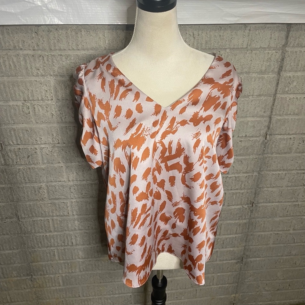 Adrienne Womens Patterned V Neck Silk Short Sleeve Top Size Small